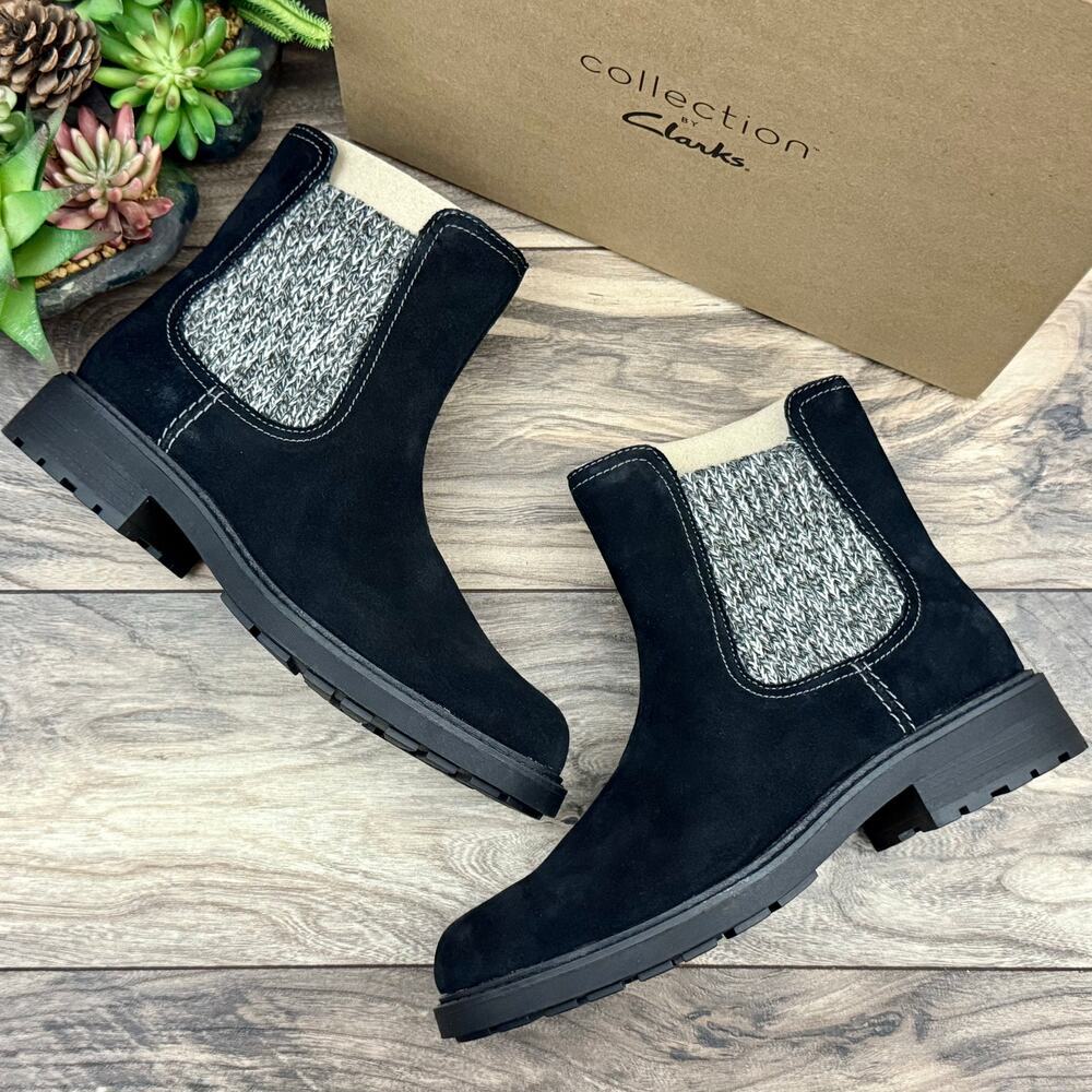 NIB Clarks Opal Sky 8.5M Black Suede Comfort Pull On Ankle Boots Bootie